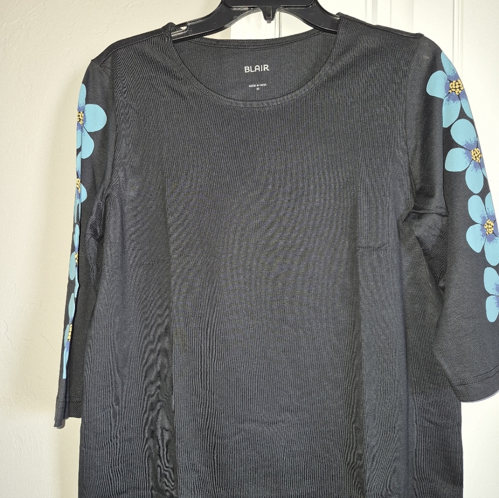 Blair Black Long Sleeve Top with Blue Floral Design